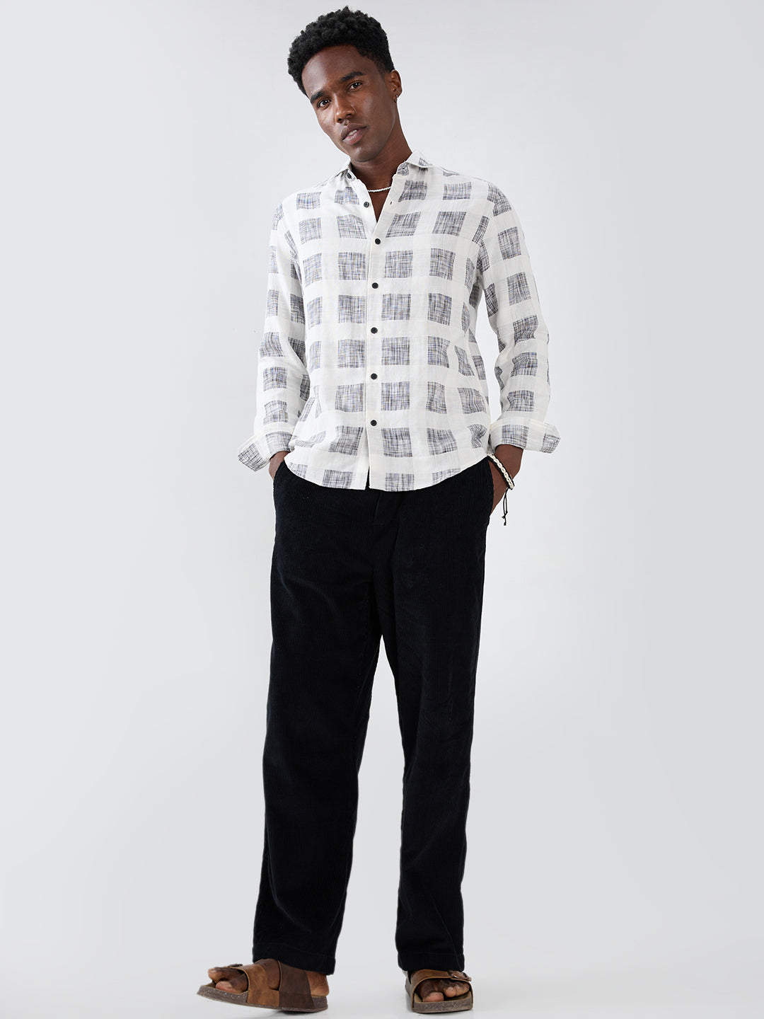 White & Black Geometric Printed Double Cloth Shirt