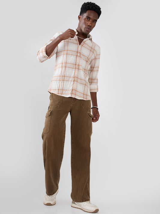 White & Brown Plaid Checks Crinkled Shirt