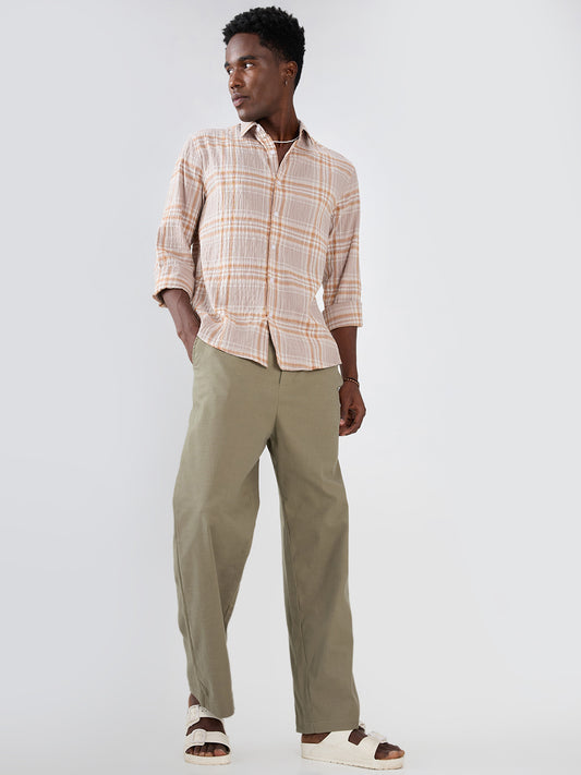 Grey & Rust Plaid Checks Crinkled Shirt