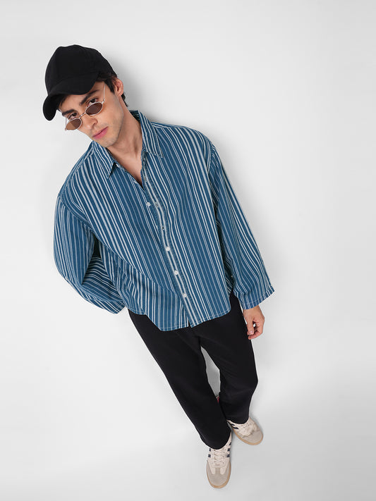 Denim Blue & White Bold Striped Cuffless Oversized Crop Shirt