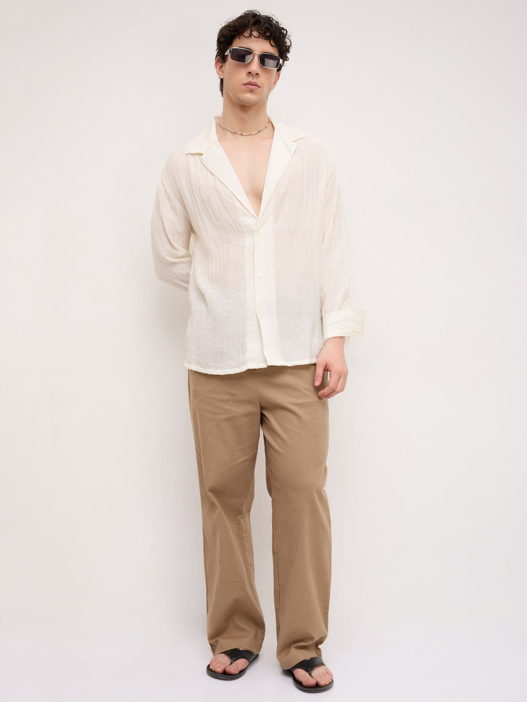 Off- White Pearl Crinkled Resort Collar Oversized Shirt