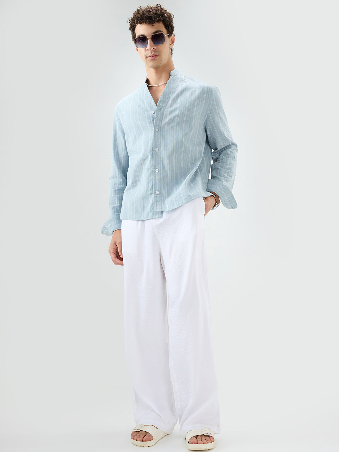 Arctic Blue Striped Linen Blend Stand Collar Oversized Shirt