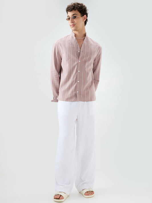 Deep Pastel Peach Striped Linen Blend Stand Collar Oversized Shirt
