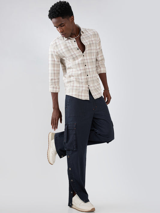 Beige Micro Herringbone Windowpane Checks Shirt