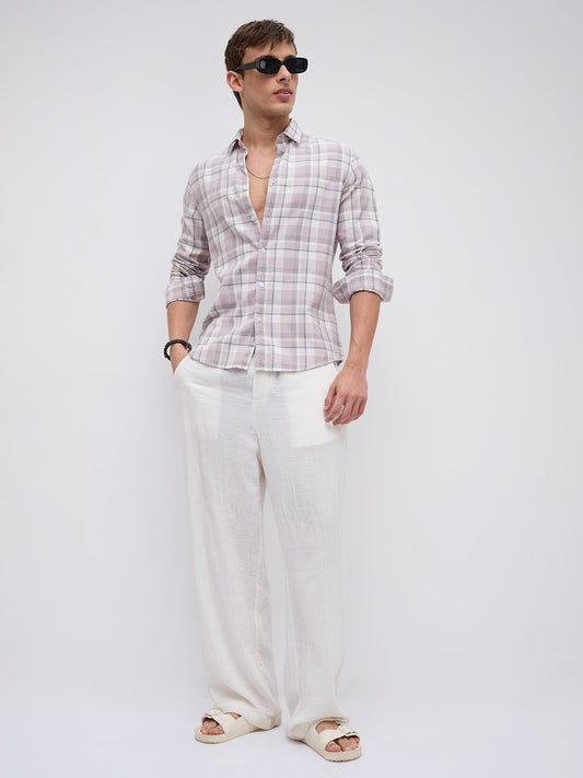 Dusty Pink Micro Herringbone Windowpane Checks Shirt
