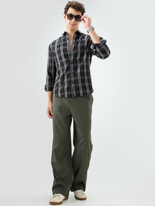 Rich Black Contrast Windowpane Checks Shirt