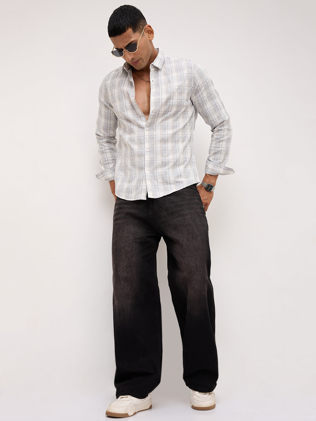 Elegant Grey & Ivory Plaid Checks Shirt