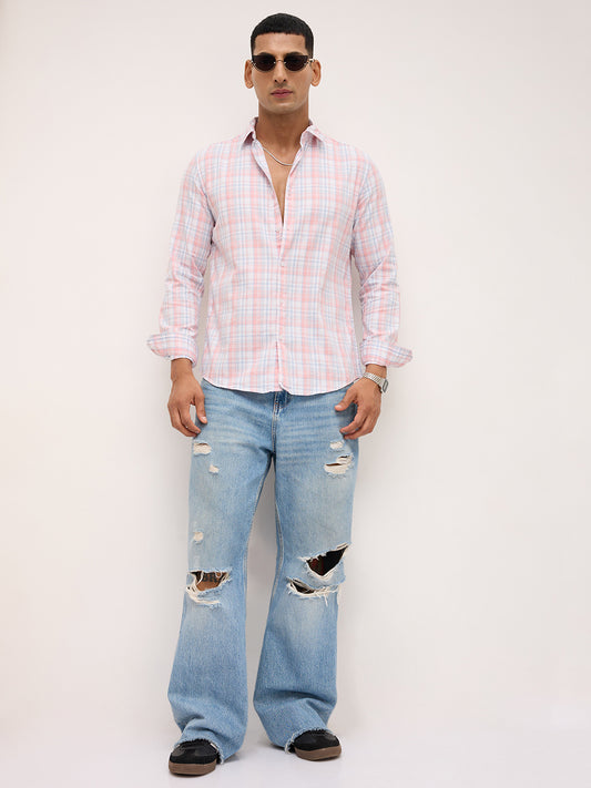 Soft Peach & Blue Pastel Grid Checks Shirt