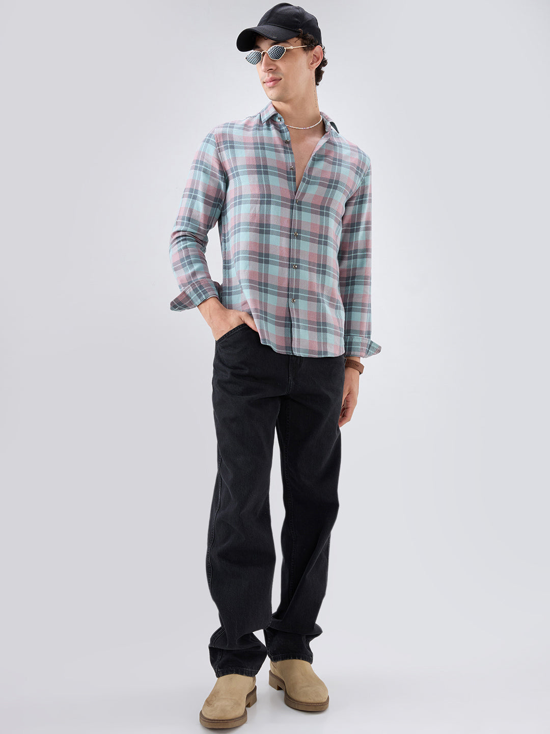 Vintage Blue Diagonal Textured Overlay Melange Checks Shirt