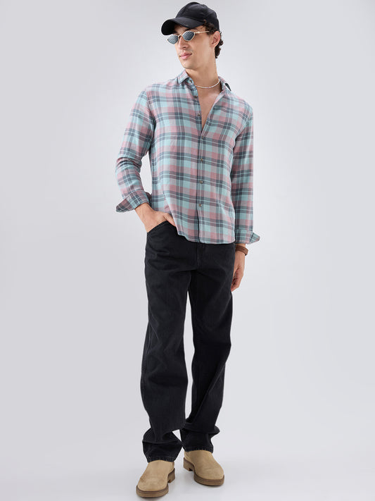 Vintage Blue Diagonal Textured Overlay Checks Shirt