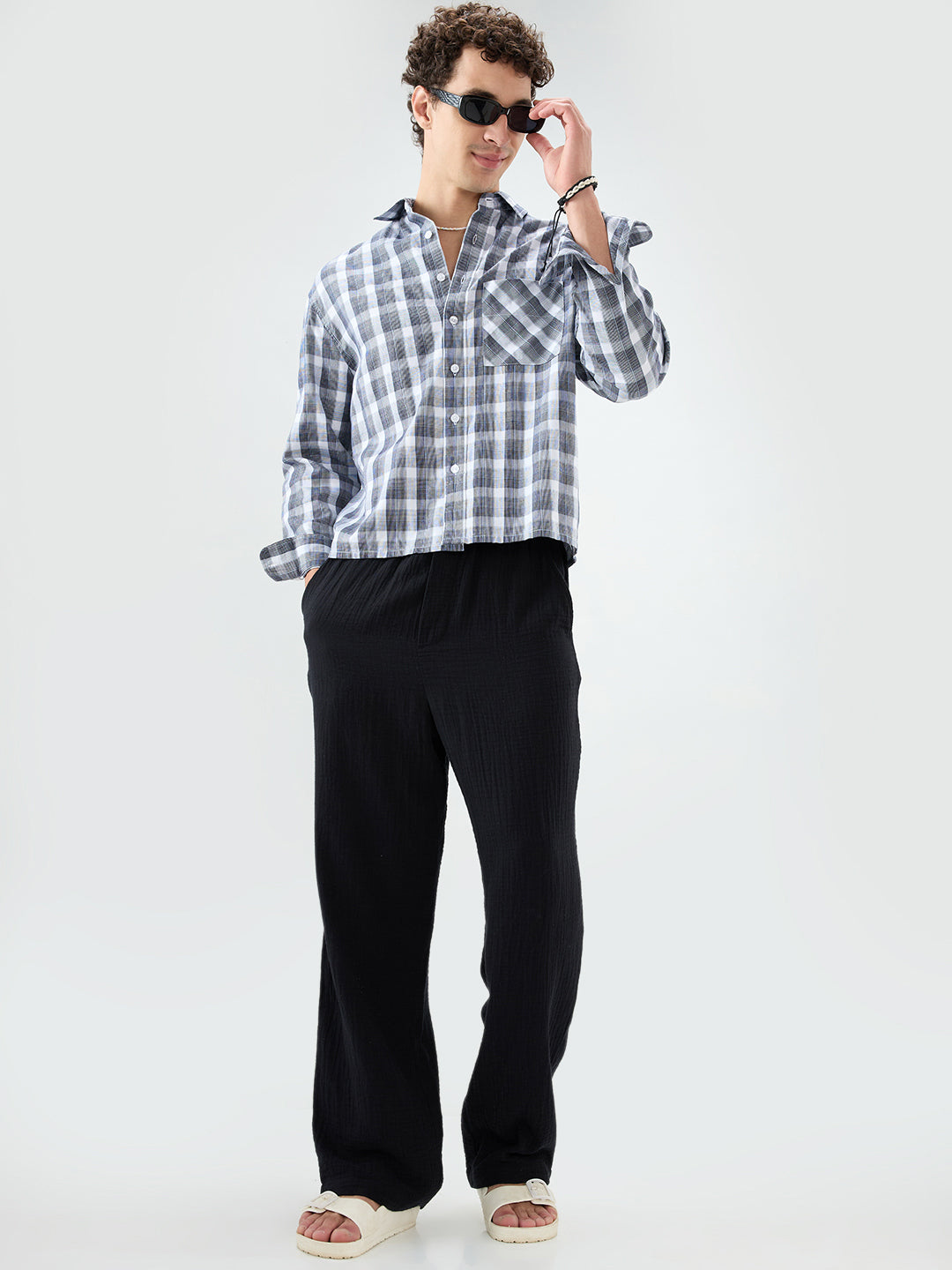 Monochrome Dual Scale Grid Weave Boxy Fit Crop Shirt