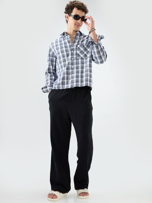 Monochrome Dual Scale Grid Weave Boxy Fit Crop Shirt