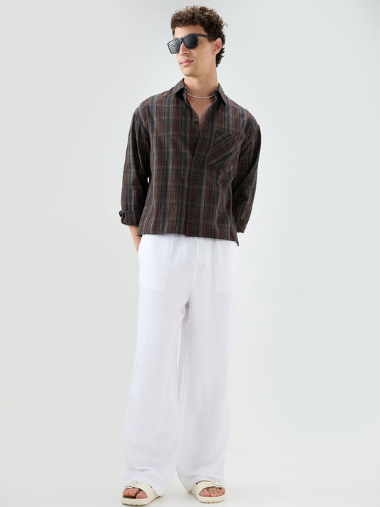 Rich Brown Multi Line Checks Boxy Fit Crop Shirt