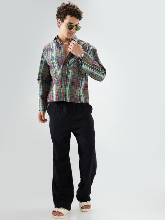 Evergreen Multi Stripe Fusion Checks Cuffless Oversized Crop Shirt