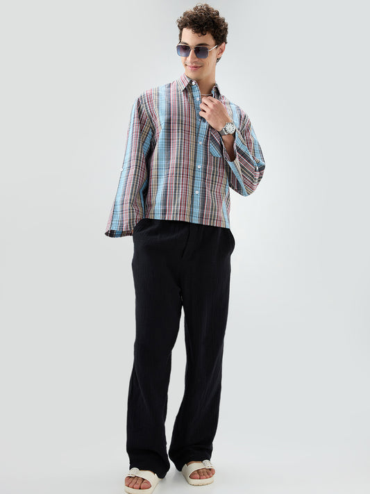 Multi Stripe Fusion Checks Cuffless Oversized Crop Shirt