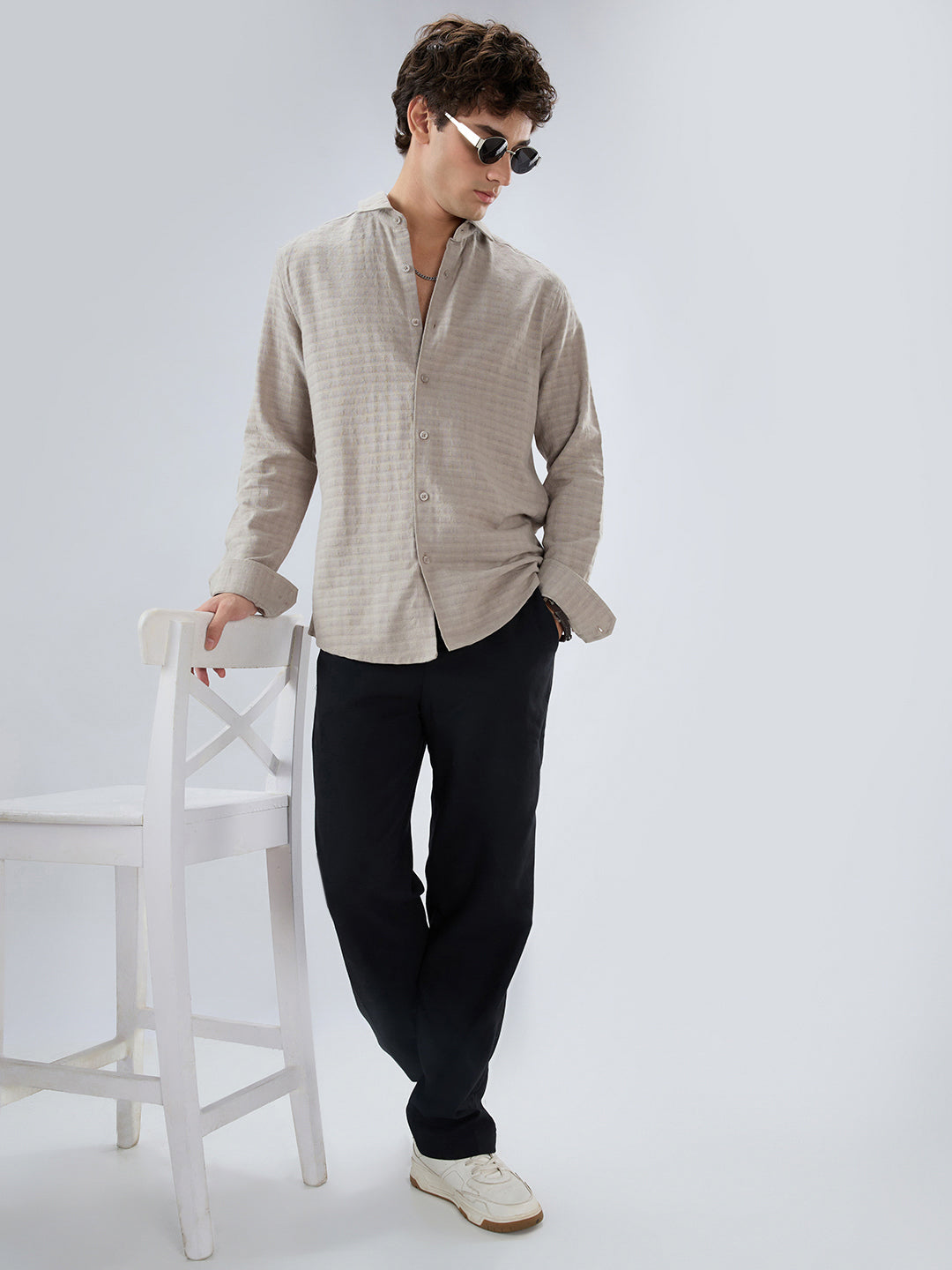 Grey Horizontal Striped Textured Shirt