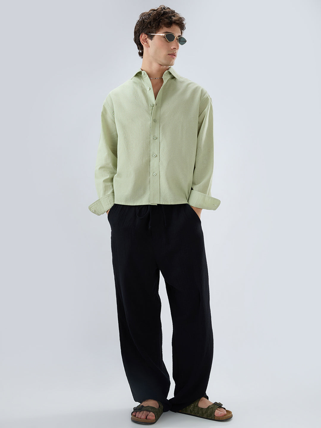 Sage Green Micro Weave Boxy Fit Crop Shirt