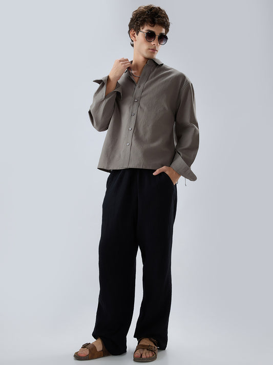 Ash Grey Micro Checked Weave Boxy Fit Crop Shirt