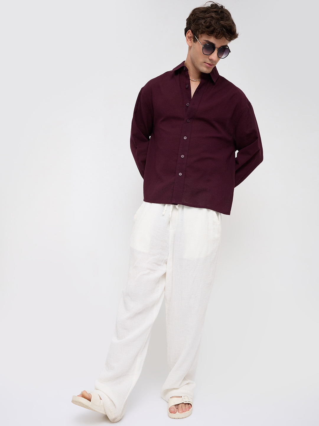 Wine Micro Jacquard Weave Boxy Fit Crop Shirt