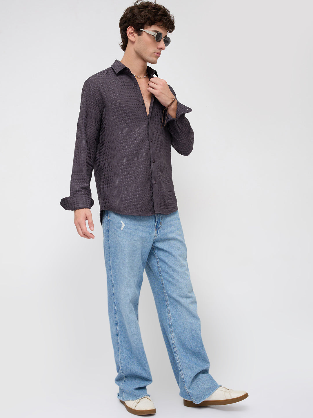 Charcoal Grey Geometric Grid Embossed Textured Shirt