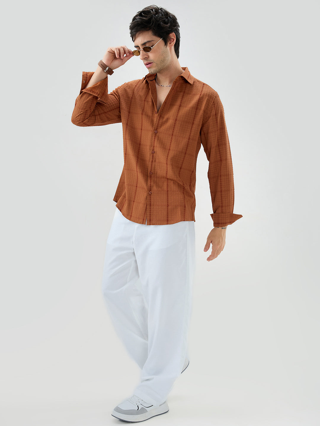 Rust Micro Checks Textured Shirt