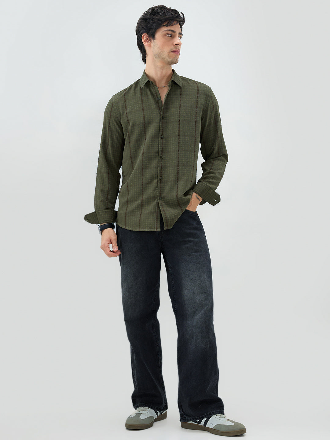 Olive Micro Checks Textured Shirt