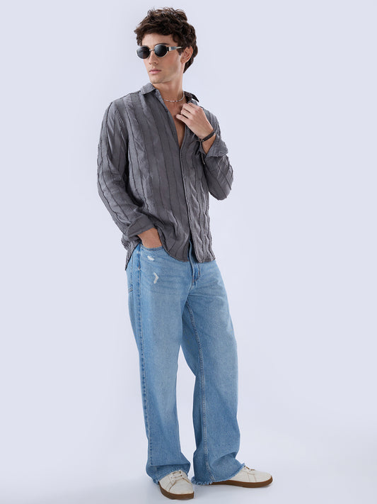 Grey Frayed Panelled Waffle Textured Shirt