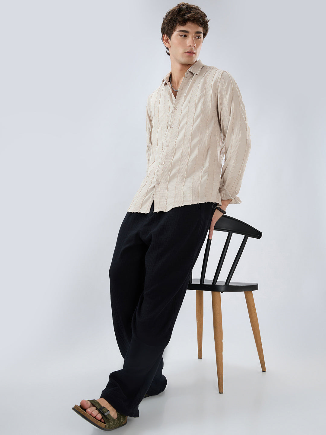 Bisque Beige Frayed Panelled Waffle Textured Shirt