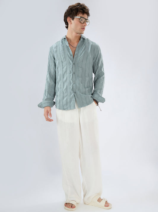 Sage Green Frayed Panelled Waffle Textured Shirt