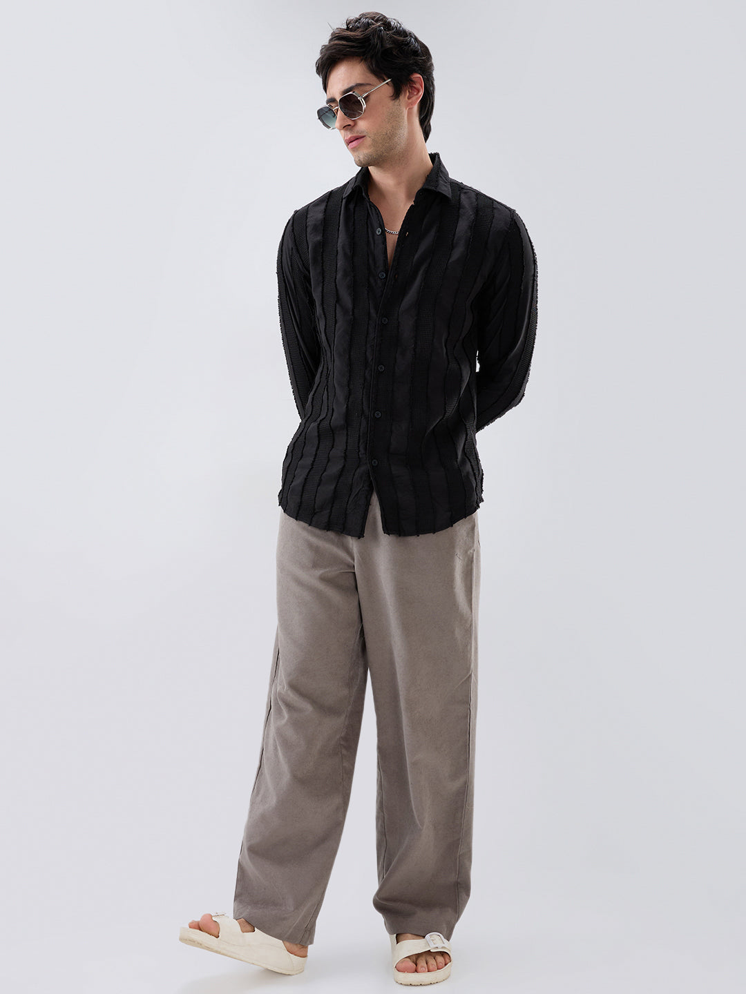 Jet Black Frayed Panelled Waffle Textured Shirt