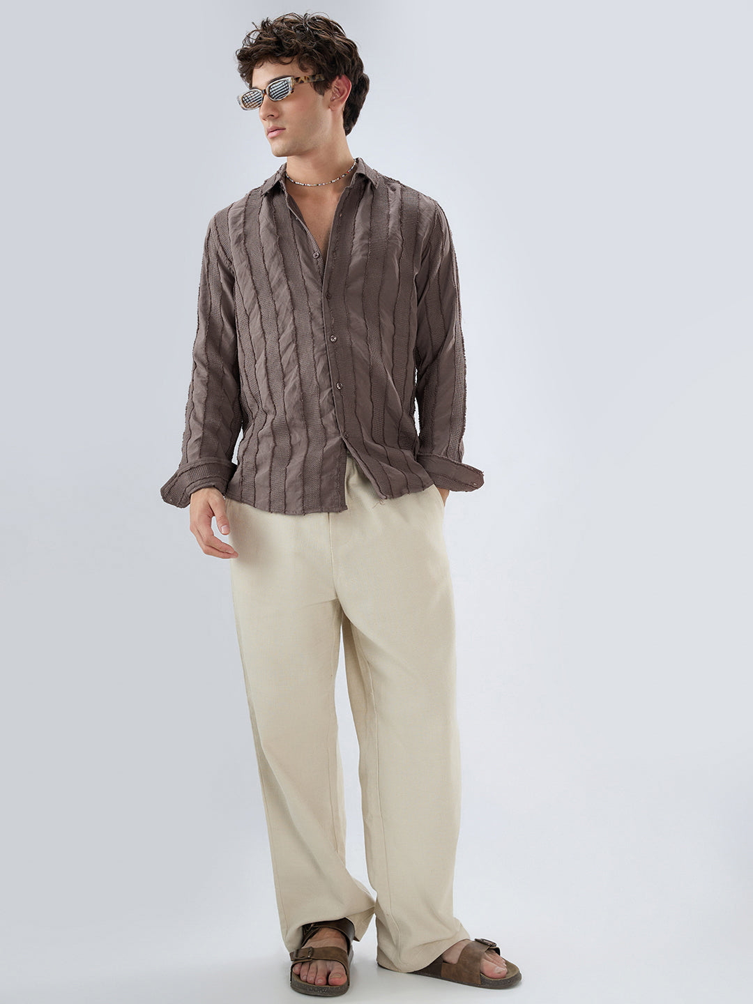 Chocolate Brown Frayed Panelled Waffle Textured Shirt