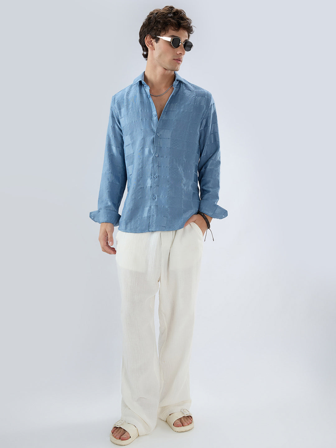 Teal Blue Block Checks Motif Embossed Textured Shirt