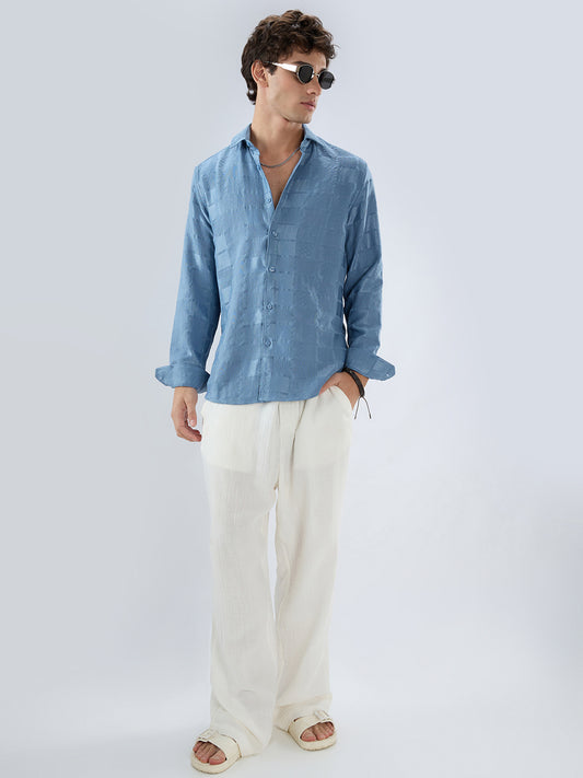 Teal Blue Block Checks Motif Embossed Textured Shirt