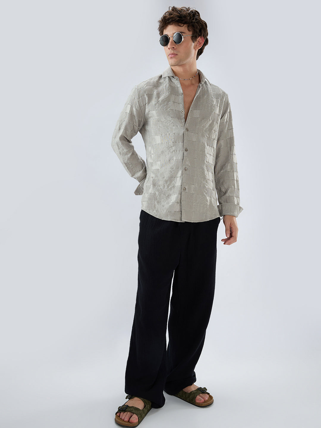 Grey Block Checks Motif Embossed Shirt