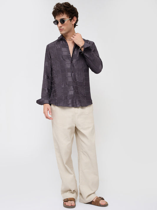 Charcoal Grey Block Checks Motif Embossed Shirt