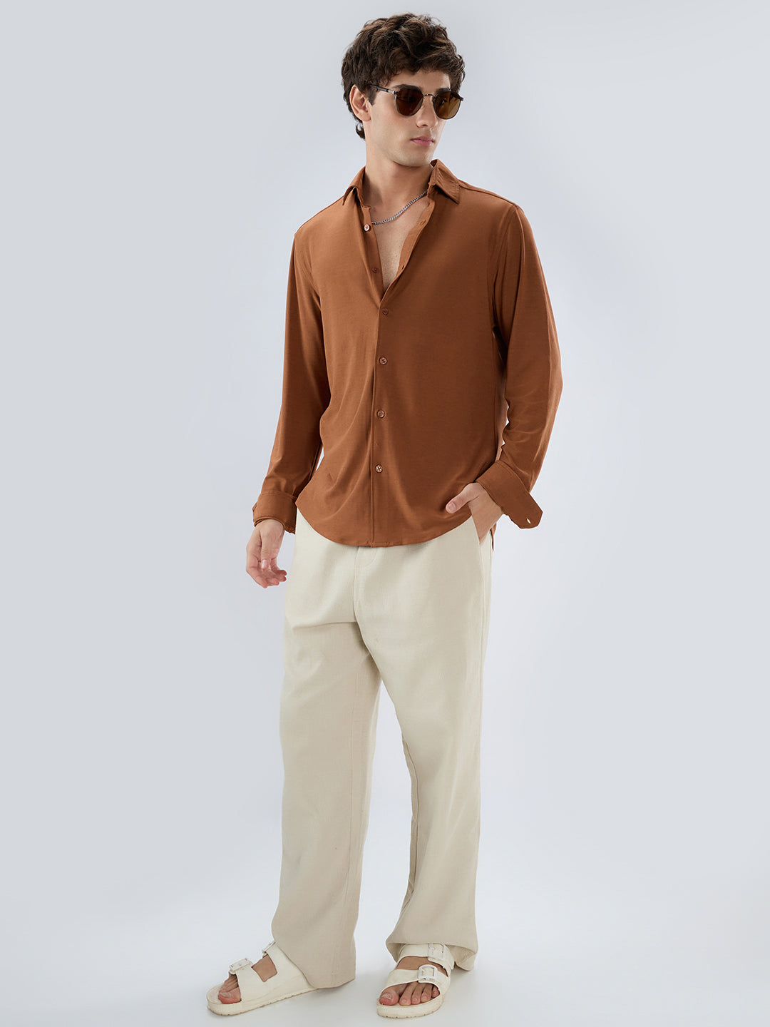 Classic Solid Sienna Brown Knitted Shirt