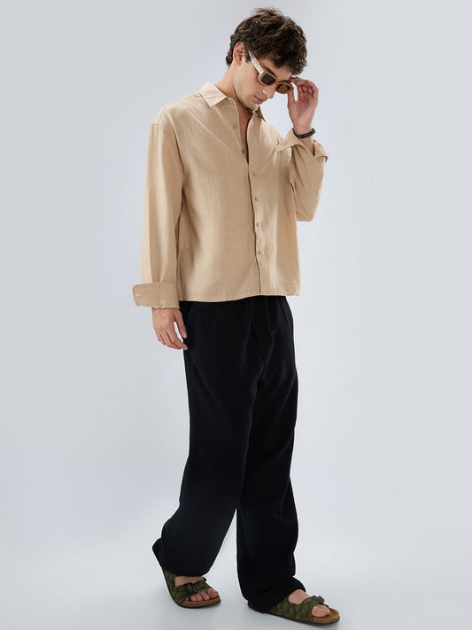 Beige Slub Textured Boxy Fit Crop Shirt