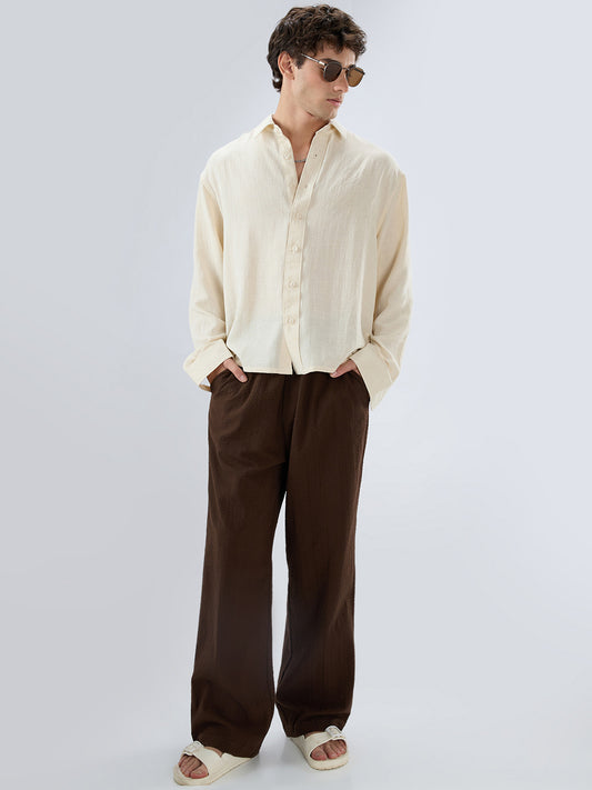 Cream Breeze Minimal Textured Boxy Fit Crop Shirt