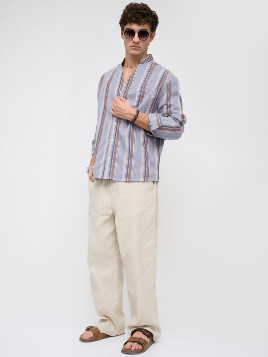 Blue & Brown Bold Stripes Stand Collar Oversized Shirt