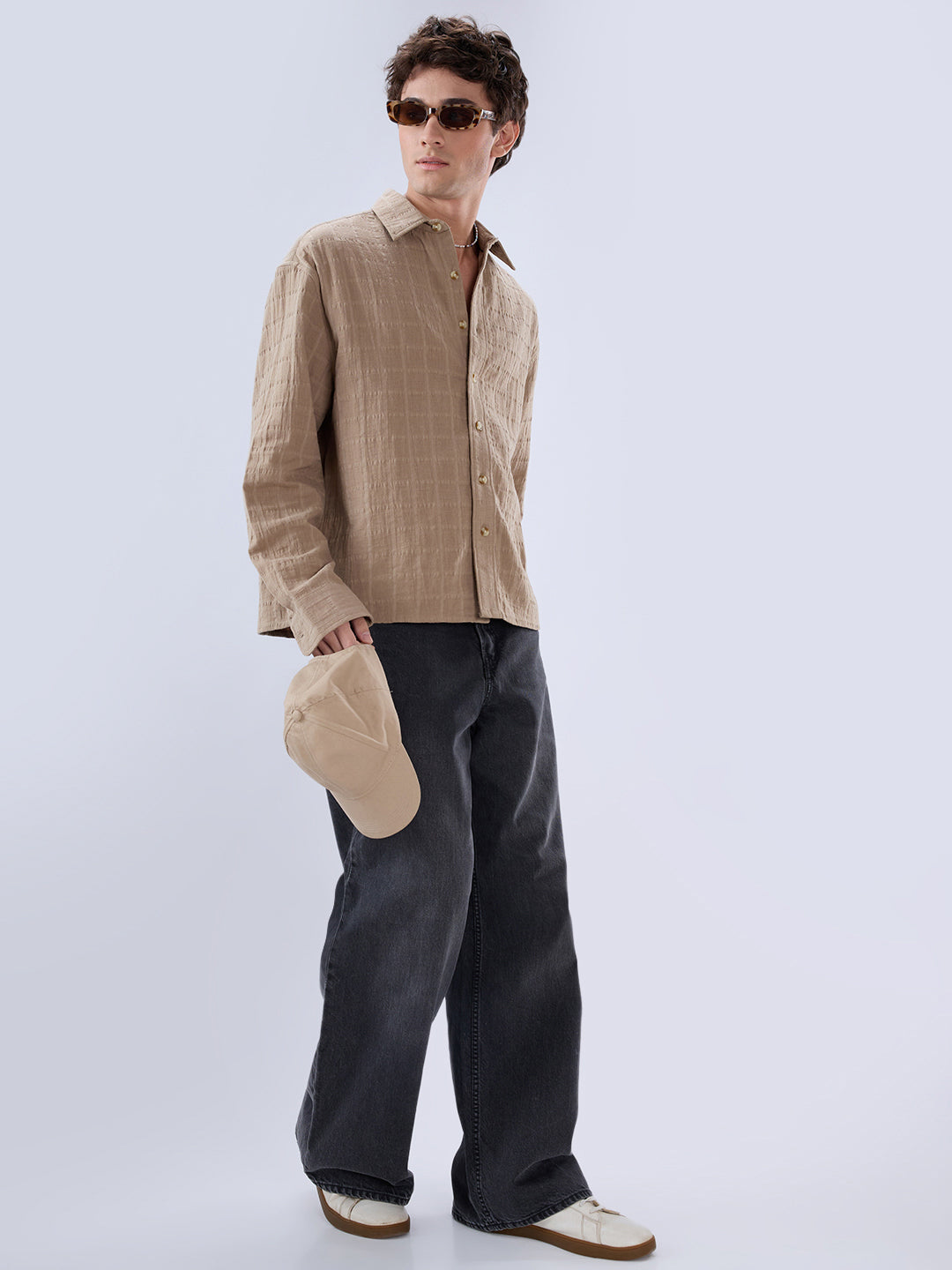 Khaki Grid Textured Story Boxy Fit Crop Shirt