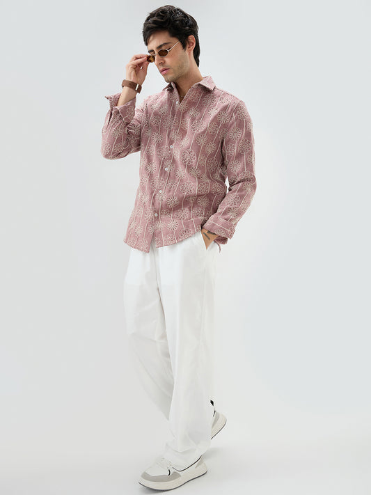 Turkish Rose Pink Floral Embroidered Slub Shirt