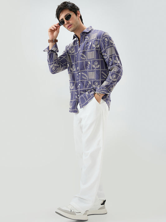 Indigo Frame Floral Contrast Embroidered Shirt