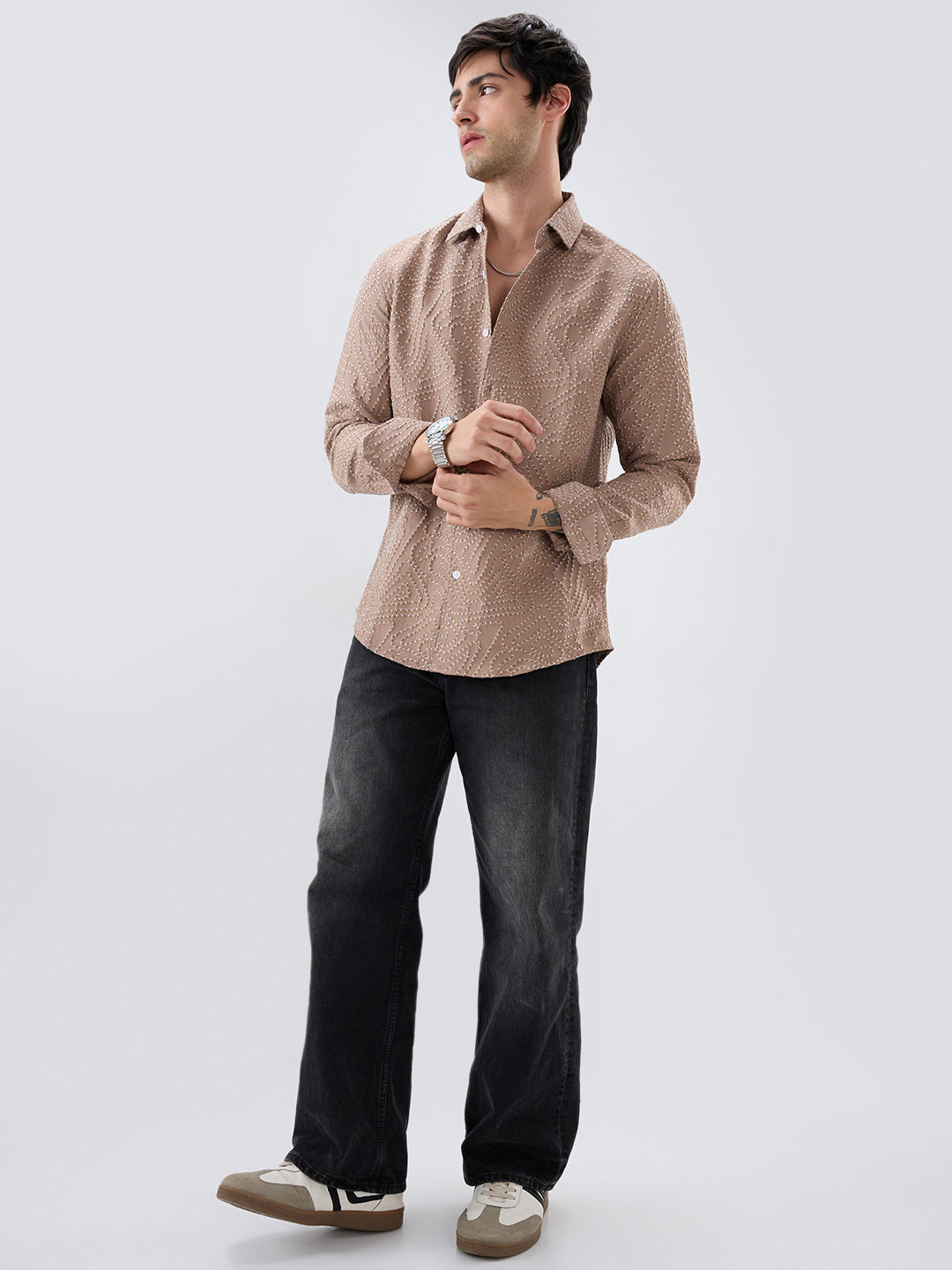 Intricate Dessert Brown Thread Flow Raised Stitch Shirt