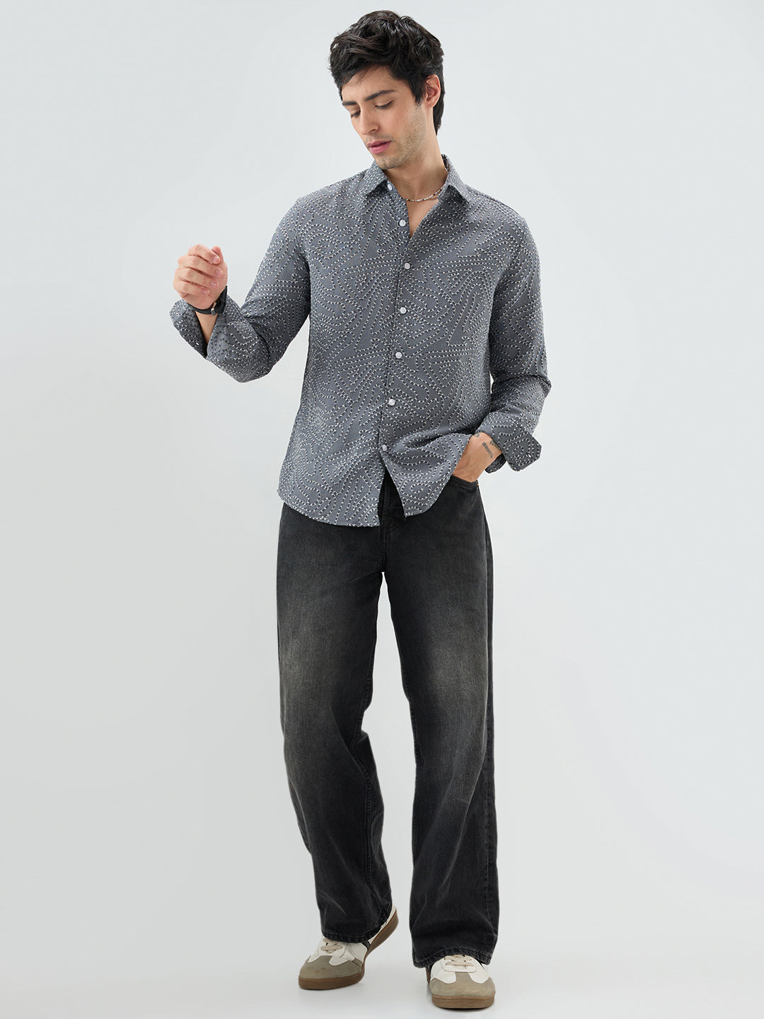 Ornate Charcoal Grey Ornamental Raised Stitch Shirt