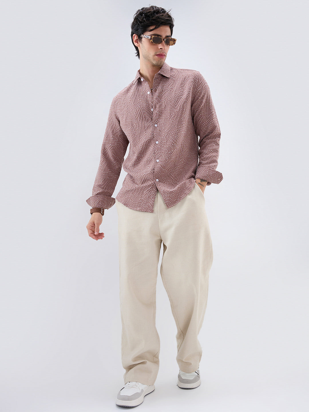 Ornate Brown Thread Flow Raised Stitch Shirt