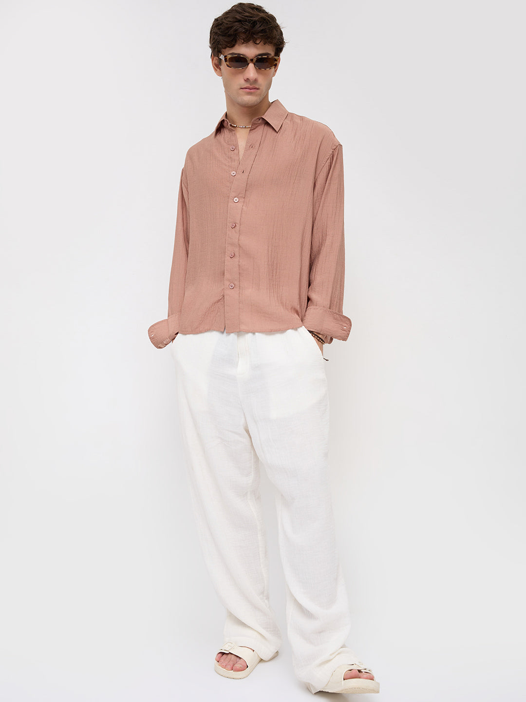 Burnt Clay Sheen Crinkled Boxy Fit Crop Shirt