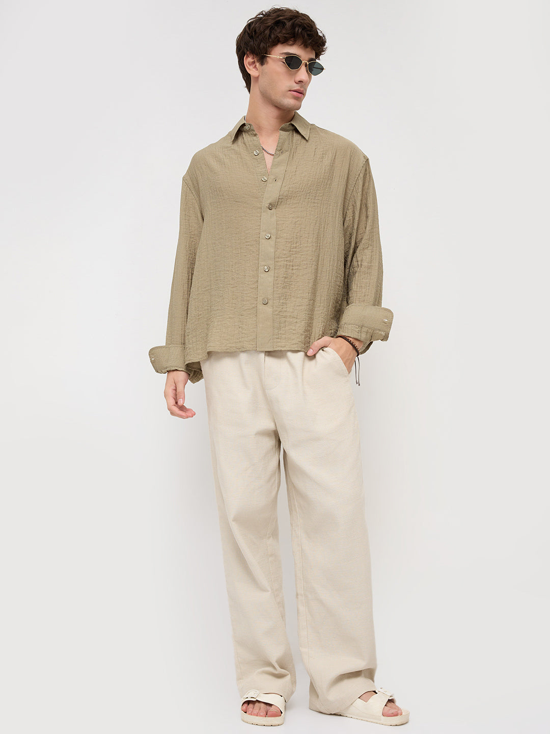 Olive Sheer Crinkled Boxy Fit Crop Shirt