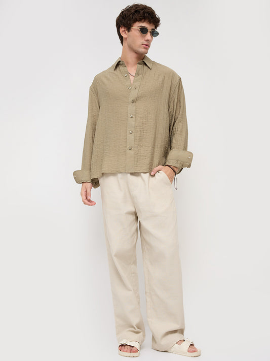 Olive Sheer Crinkled Boxy Fit Crop Shirt