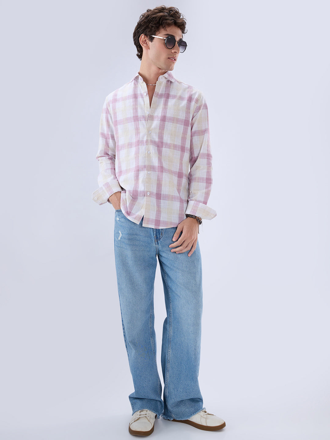 Soft Pink Fine Weave Plaid Checks Shirt
