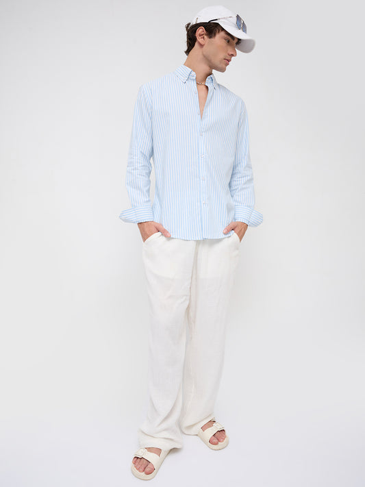 Soft Blue Oxford Vertical Striped Button-Down Collar Shirt